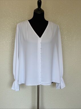 Alfani White V-Neck Button-Front Blouse with Ruffle Cuffs